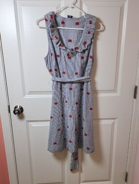 crown & ivy Blue and White Striped Dress with Red Crab Embroidery 100% Cotton